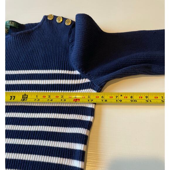 Lauren Ralph Lauren Striped Ribbed Knit Sweater Sz L Navy White Buttons Preppy - Picture 8 of 9